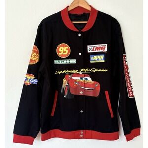 NWOT Disney Pixar Cars Lightning Mcqueen‎ Racing Black Red Bomber Jacket Mens XS